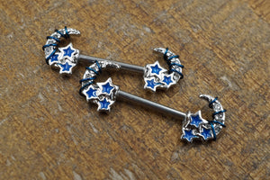 Crescent Moon and Stars Silver Nipple Barbell