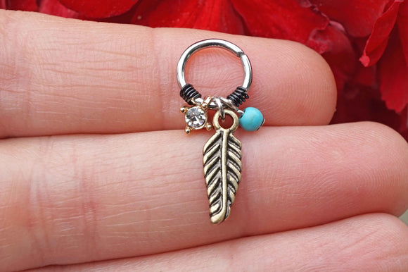 16g 18g Two Tone Gold Feather and Turquoise Daith Piercing Rook Earring Hoop Cartilage Helix Hoop