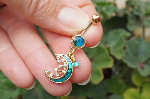 Gold Belly Rings Abalone Shell Crescent Moon Stars