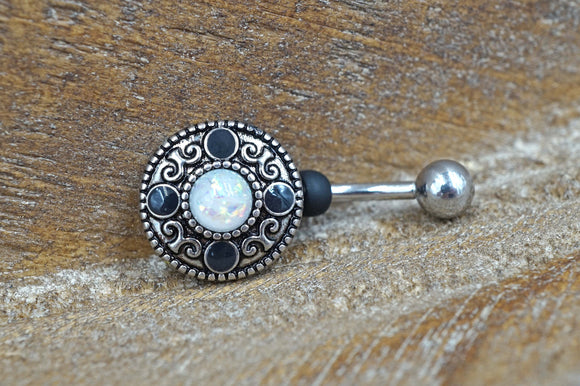 Belly Button Ring Round Tribal Shield With White Opal