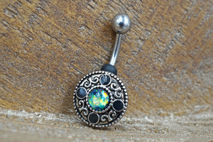 Belly Button Ring Round Tribal Shield With Green Opal