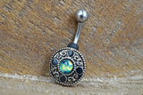 Belly Button Ring Round Tribal Shield With Green Opal