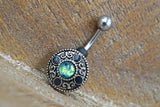 Belly Button Ring Round Tribal Shield With Green Opal