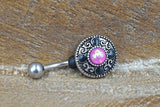 Belly Button Ring Round Tribal Shield With Pink Opal