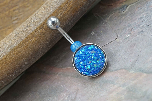 Blue Druzy Round Belly Button Ring - Short Belly Button Ring