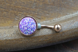 Light Purple Druzy Round Rose Gold Belly Button Ring - Short Belly Button Ring