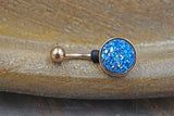 Blue Druzy Round Rose Gold Belly Button Ring - Short Belly Button Ring