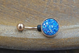 Blue Druzy Round Rose Gold Belly Button Ring - Short Belly Button Ring