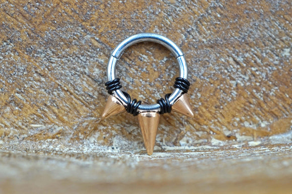 16g Hinged Segment Ring with Rose Gold Spikes - Daith Earring Clicker - Rook Earring - Tragus Hoop