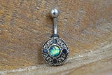 Belly Button Ring Round Tribal Shield With Green Opal