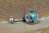 Belly Button Ring Round Tribal Shield With Green Opal