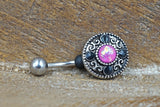 Belly Button Ring Round Tribal Shield With Pink Opal