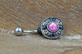 Belly Button Ring Round Tribal Shield With Pink Opal