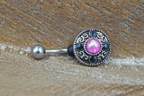 Belly Button Ring Round Tribal Shield With Pink Opal