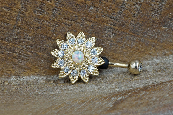 Gold Belly Rings - Opal Belly Button Rings - White Opal Flower Belly Button Jewellery