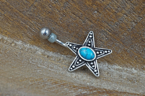 Silver Starfish Turquoise Belly Button Ring