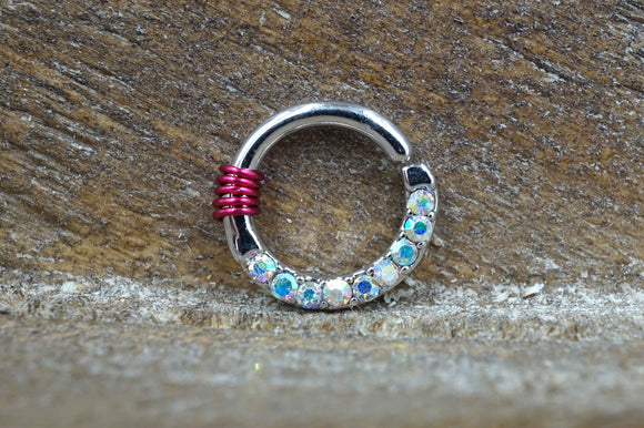 Half Circle Aurora Borealis Lined Tiny Hoop Septum Ring - Daith Piercing - Simple Rook Earring Hoop