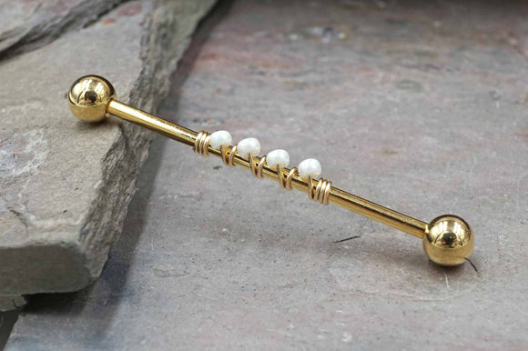 14 Gauge or 16 Gauge Industrial Barbell Ivory Pearl Beaded Gold, Silver, or Rose Gold