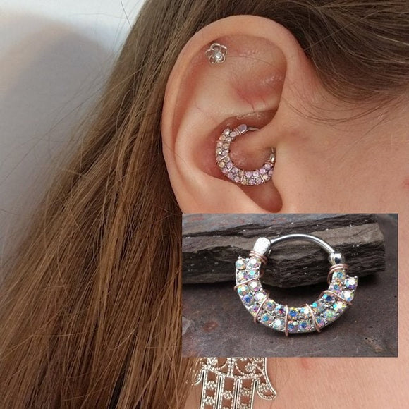 Aurora Borealis Daith Piercing Rook Earring Hoop Silver Clicker