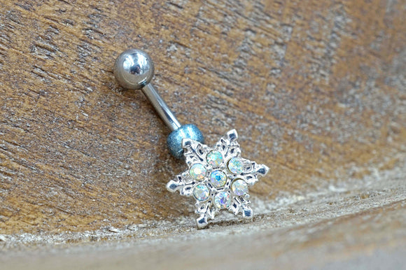 Aurora Borealis Silver Snowflake Belly Button Rings - Winter Belly Button Ring