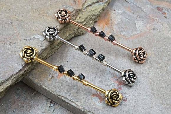 Double Rose Flower 14g Industrial Barbell Beaded Scaffold Piercing Silver, Gold or Rose Gold