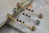 Double Rose Flower 14g Industrial Barbell Beaded Scaffold Piercing Silver, Gold or Rose Gold