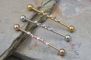 Aurora Borealis 14g Industrial Barbell Beaded Scaffold Piercing Silver, Gold or Rose Gold