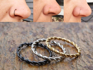 Gold, Silver or Black Braided Twisted Nose Ring Hoop