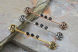 Double Rose Flower 14g Industrial Barbell Beaded Scaffold Piercing Silver, Gold or Rose Gold