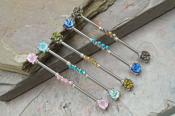 14g Industrial Barbell Beaded Scaffold Piercing Druzy