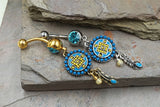 Aztec Turquoise Paved Circle and Feather Dangle 316L Surgical Steel Jeweled Ball Belly Button Navel Rings