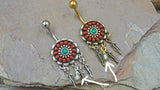 Turquoise and Red Dream Catcher and Feathers 316L Surgical Steel Belly Button Navel Rings