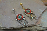 Turquoise and Red Dream Catcher and Feathers 316L Surgical Steel Belly Button Navel Rings