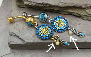 Aztec Turquoise Paved Circle and Feather Dangle 316L Surgical Steel Jeweled Ball Belly Button Navel Rings