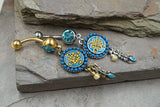 Aztec Turquoise Paved Circle and Feather Dangle 316L Surgical Steel Jeweled Ball Belly Button Navel Rings