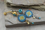 Aztec Turquoise Paved Circle and Feather Dangle 316L Surgical Steel Jeweled Ball Belly Button Navel Rings