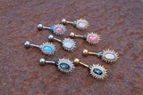 White Opal Sunburst Silver Belly Button Navel Rings