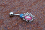 Pink Opal Sunburst Silver Belly Button Navel Rings