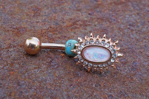 White Opal Sunburst Rose Gold Belly Button Navel Rings