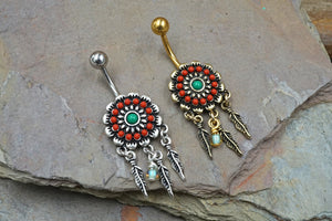 Turquoise and Red Dream Catcher and Feathers 316L Surgical Steel Belly Button Navel Rings