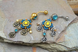 Tribal Bead Paved with Filigree and Crystal Dangle 316L Surgical Steel Jeweled Ball Belly Button Navel Rings