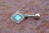 Light Blue Diamond Shaped Filigree Illuminating Stone Center 316L Surgical Steel Belly Button Navel Ring