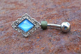 Light Blue Diamond Shaped Filigree Illuminating Stone Center 316L Surgical Steel Belly Button Navel Ring