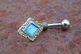 Light Blue Diamond Shaped Filigree Illuminating Stone Center 316L Surgical Steel Belly Button Navel Ring