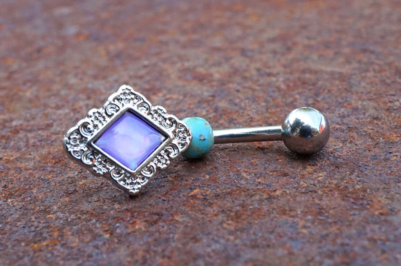 Light Purple Diamond Shaped Filigree Illuminating Stone Center 316L Surgical Steel Belly Button Navel Ring