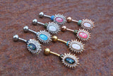 Pink Opal Sunburst Silver Belly Button Navel Rings