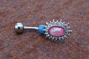 Pink Opal Sunburst Silver Belly Button Navel Rings