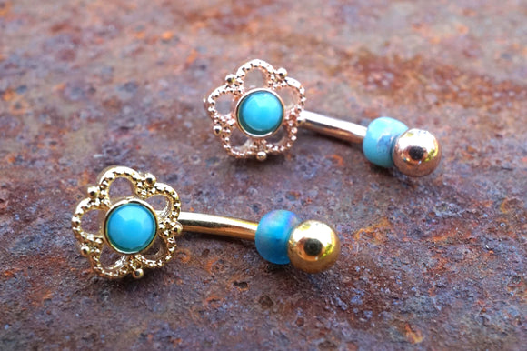 Flower Filigree Turquoise Center Rook Earring Daith Piercing Eyebrow Ring Curved Barbell