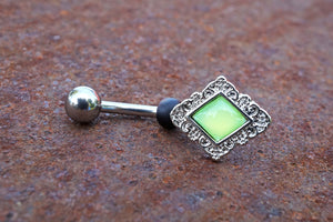 Light Green Diamond Shaped Filigree Illuminating Stone Center 316L Surgical Steel Belly Button Navel Ring