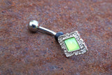 Light Green Diamond Shaped Filigree Illuminating Stone Center 316L Surgical Steel Belly Button Navel Ring